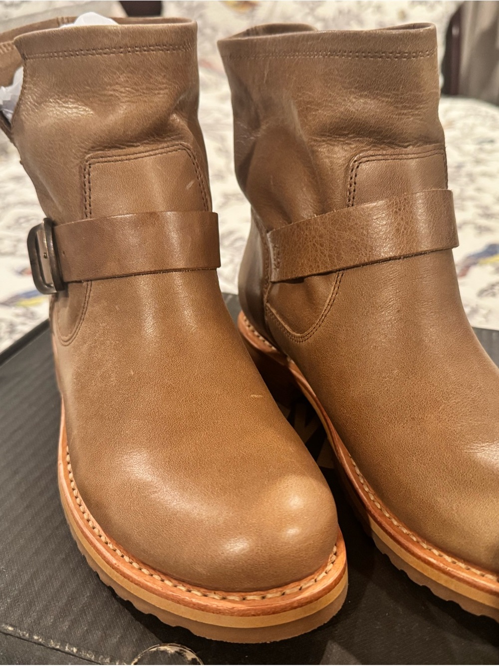 Frye Veronica Flex Tan Leather Ankle Boots with Buckle Strap